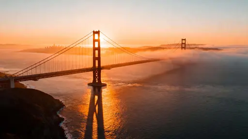 Golden Gate Bridge aerial sunrise shot