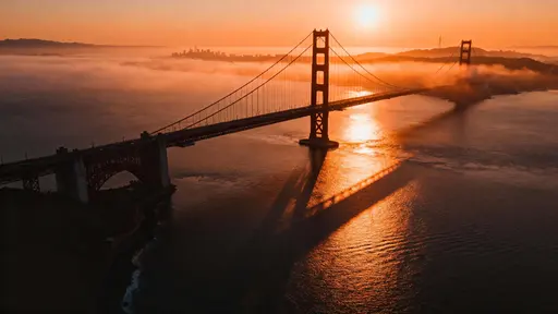 Golden Gate Bridge aerial sunrise shot