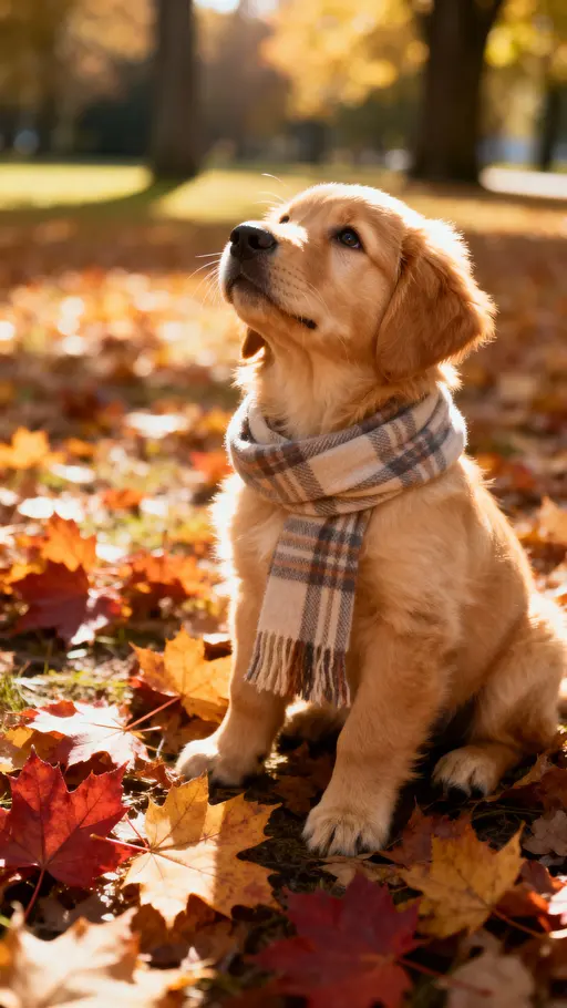 Golden Retriever Puppy Among Amber Leaves