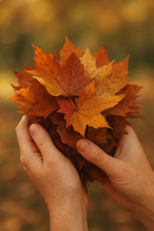 Hands Holding Autumn Leaves Intimately