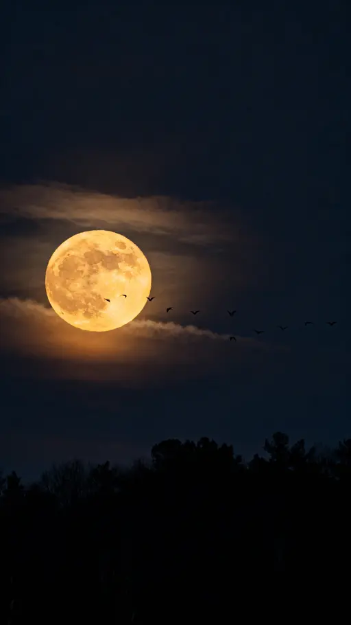 Harvest Moon Over Dark Treeline at Night.