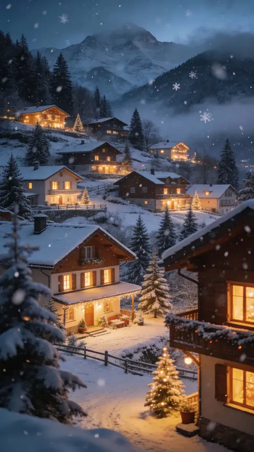 Hill-station Christmas night with cozy houses