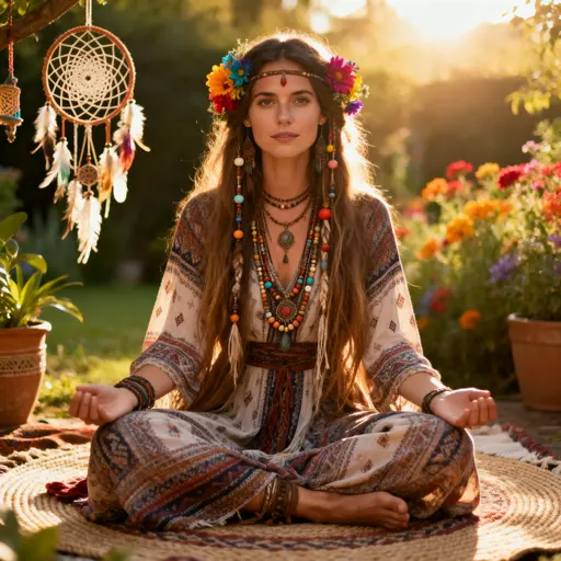 Hippie woman sunlit portrait photograph