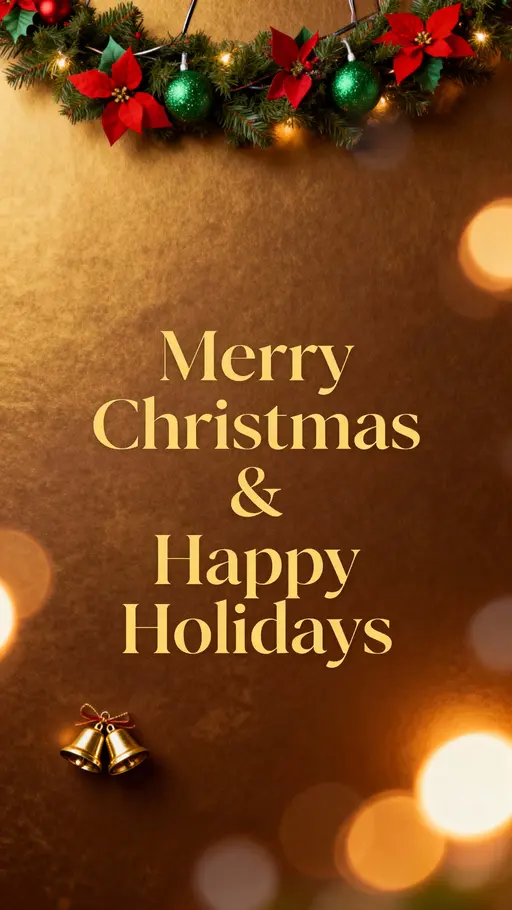 holiday greeting with gold bells and garland