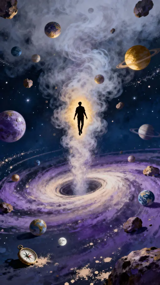 Human silhouette falling into nebula funnel