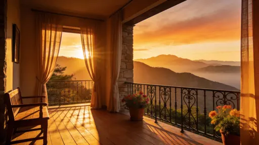 Interior balcony overlooking mountain sunset