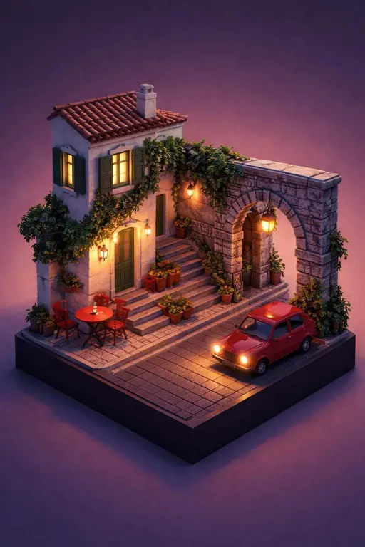 Isometric Mediterranean Street Diorama 3D Render