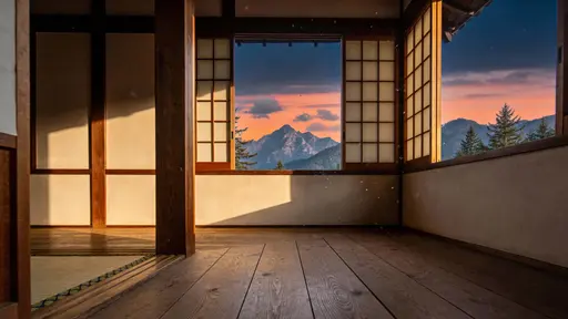 Japanese wooden interior at sunset