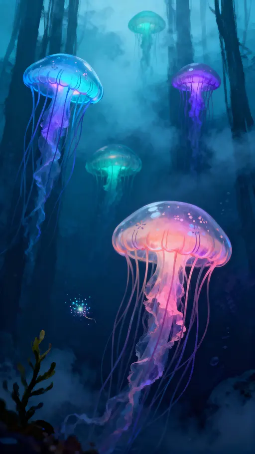 Jellyfish garden drifting through mist