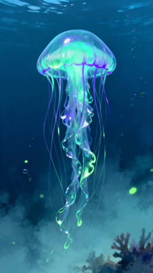 Jellyfish glowing in dark sea vertical