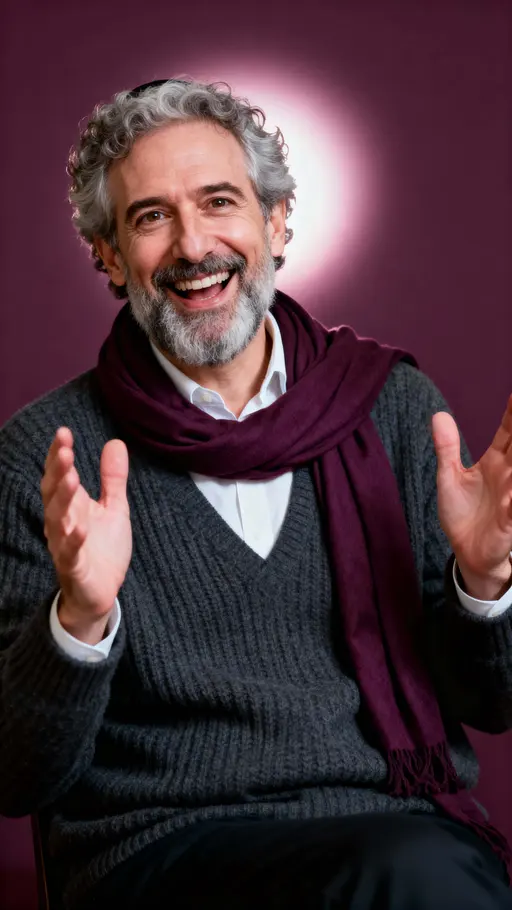 Jewish American man studio portrait, waist-up