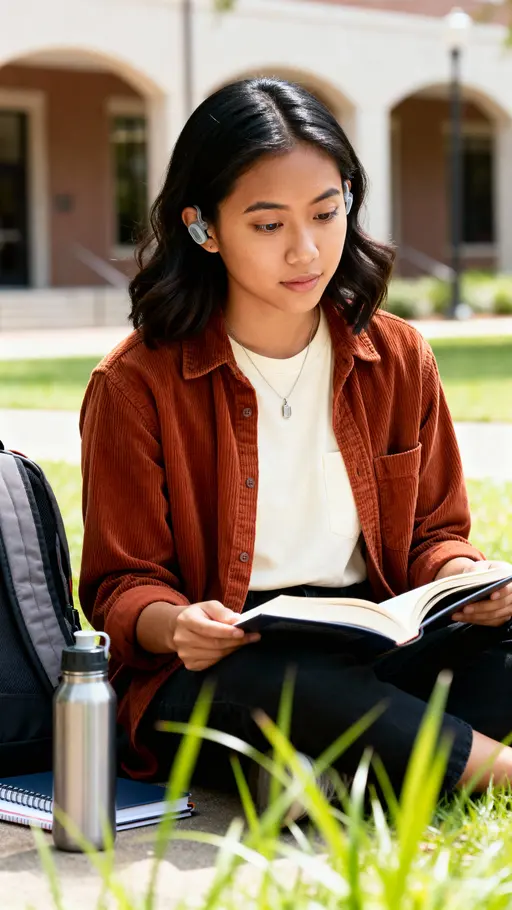 Lan reading on campus quad