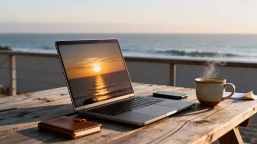 laptop and coffee by ocean sunrise