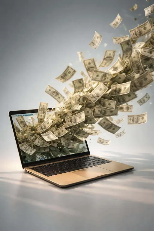 laptop with flying money photography