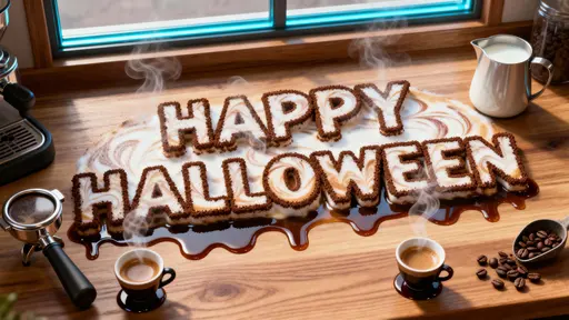 Latte-foam Halloween message on wood counter