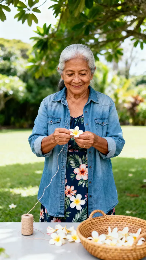 Leilani stringing plumeria on lawn