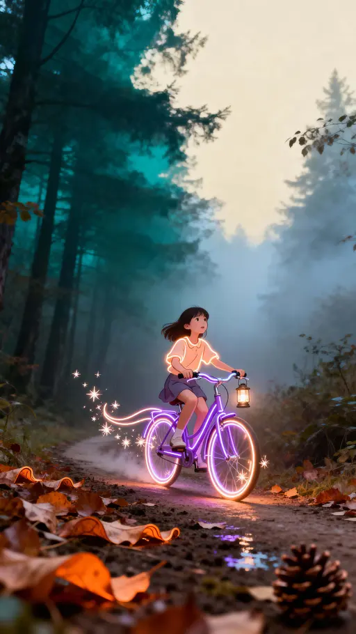 Line-art girl on bicycle at dusk