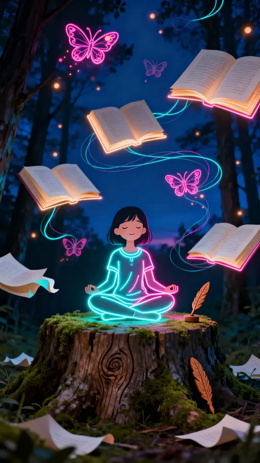 Line-art girl on forest stump