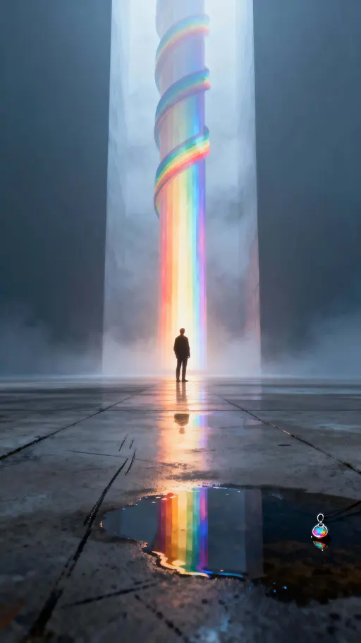 Lone figure before spiraling rainbow light