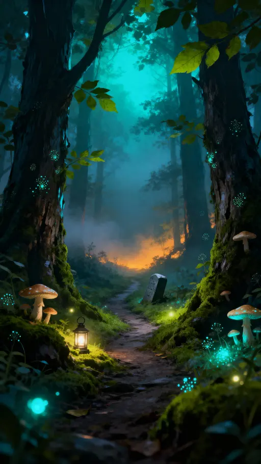 Luminous forest path with glowing spores