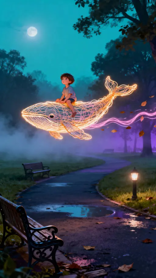 Luminous kid on doodle whale