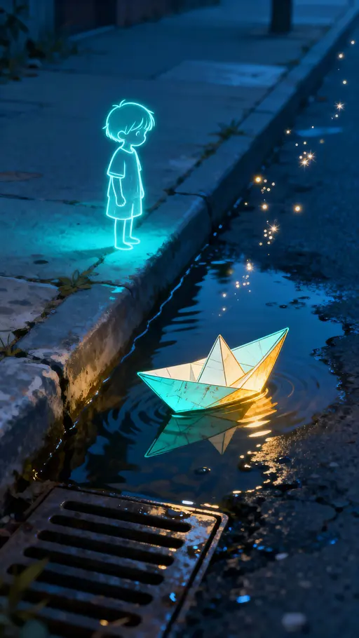 Luminous outline kid with paper boat