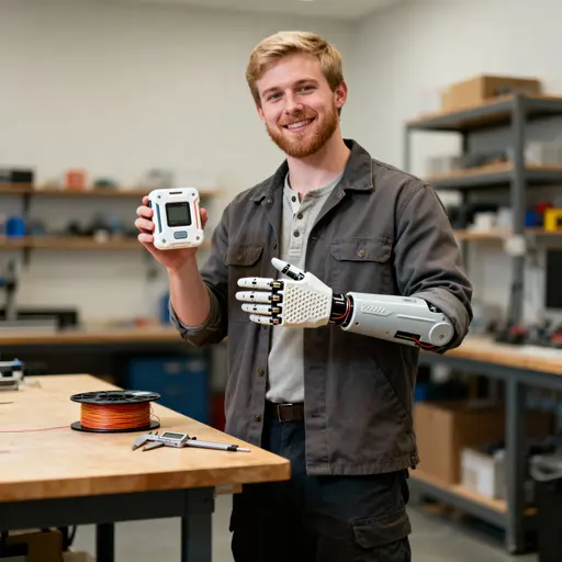 Maker with myoelectric prosthetic in studio