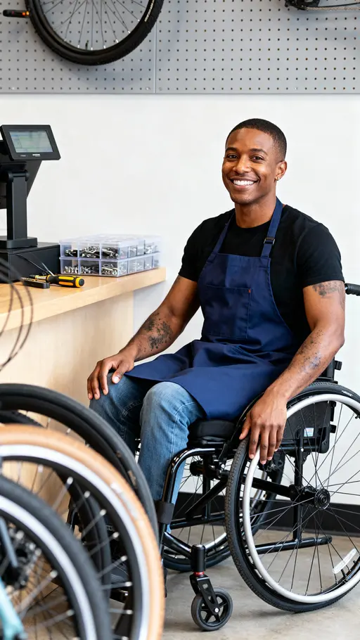 Marcus, bike repair-shop owner seated smiling