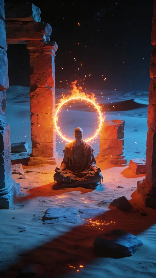 Meditating Figure in Desert Night Ruins