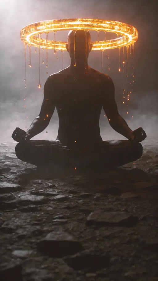 Meditating human silhouette with golden halo