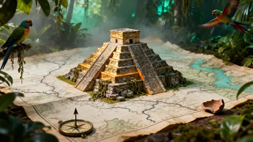 Miniature Chichen Itza pyramid on map