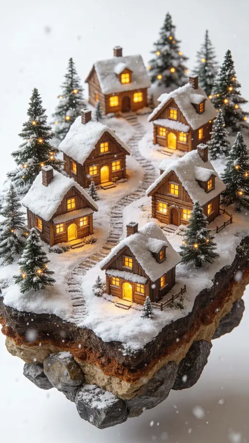 Miniature Christmas village floating terrain slice