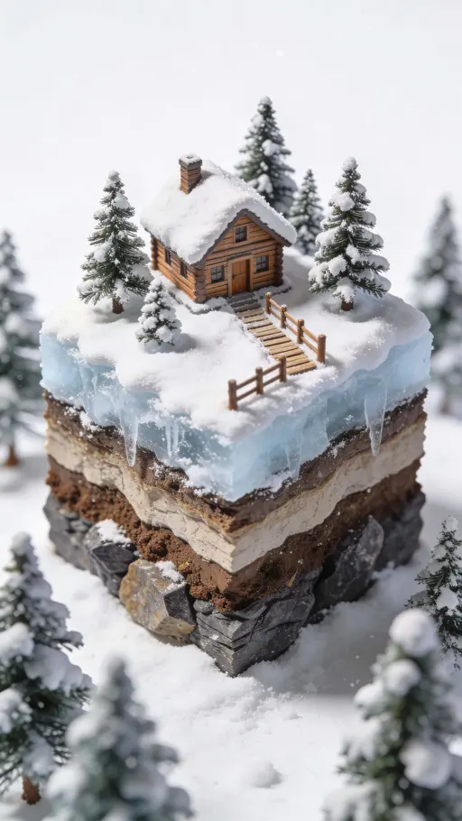 Miniature snow-covered cabin floating diorama