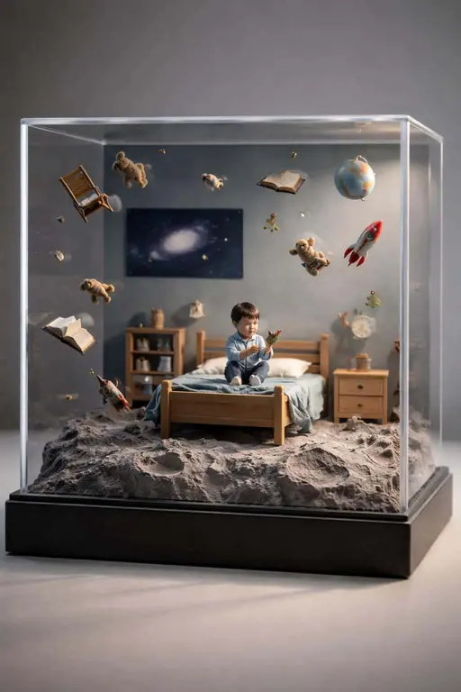 Miniature Space Bedroom Diorama in Glass Case