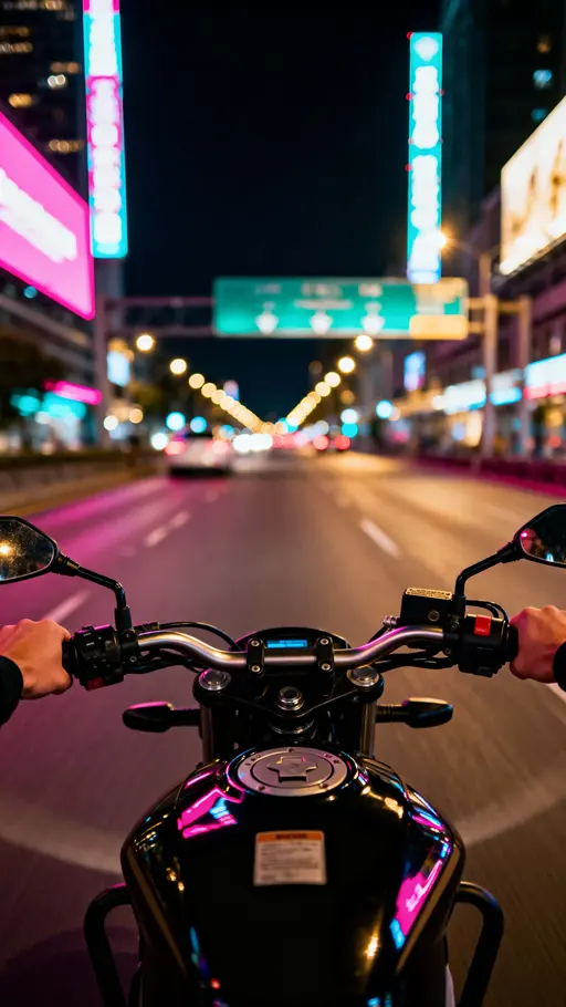 Motorcycle night-ride POV in neon city