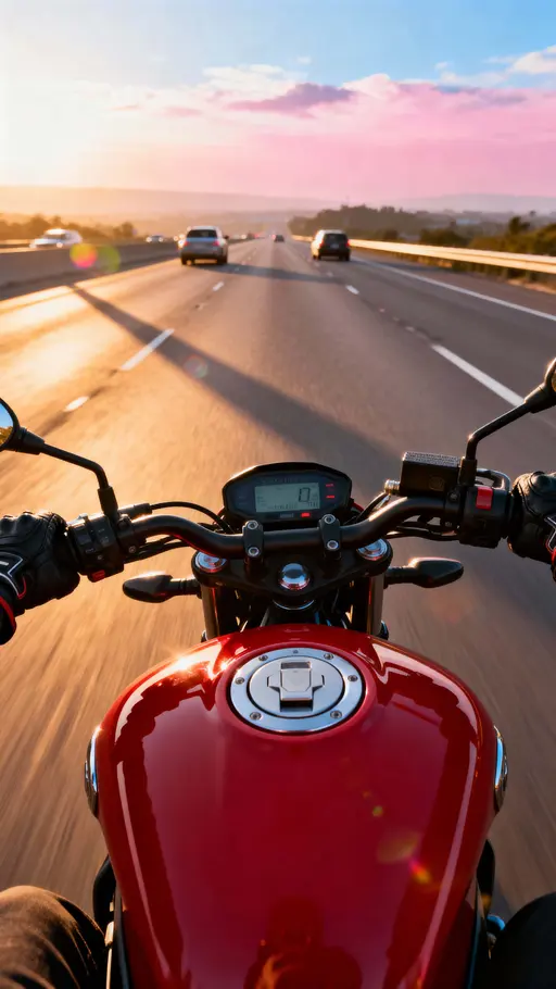 Motorcycle rider POV at sunrise