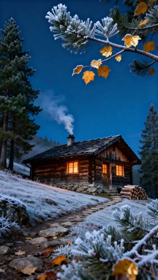 Mountain cabin at dusk serenity