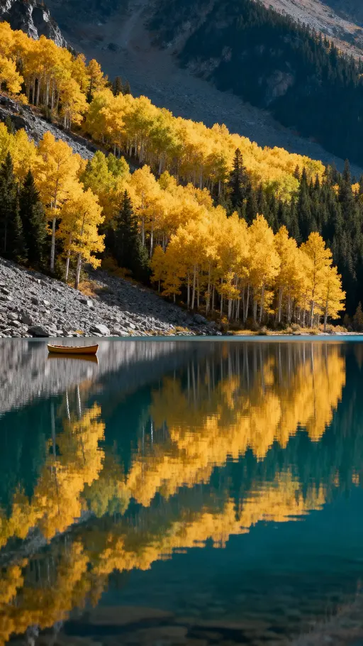 Mountain Lake with Golden Aspens and Canoe