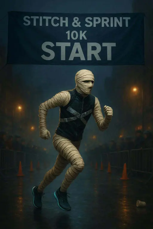 Mummy runner sprinting through city street