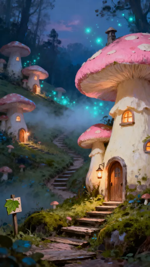 Mushroom Village Softly Lit Vertical Scene