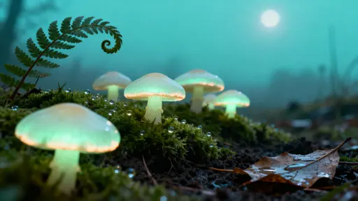 Mushrooms glowing on mossy ground moonlit