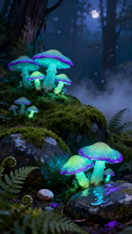 Mushrooms Glowing Under Moonlit Forest