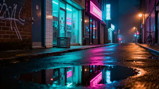Neon Alleyway Reflections After Rain Night