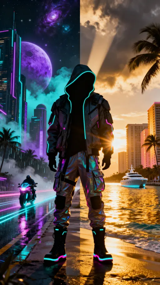 Neon Horizon — Double Exposure Sci‑Fi Poster