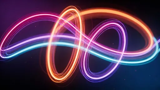 Neon light rings floating in darkness