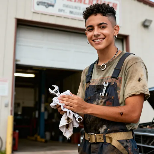 Nonbinary mechanic-musician portrait