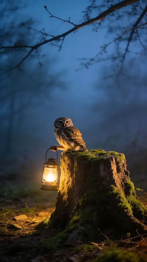 Owl on mossy stump with lantern