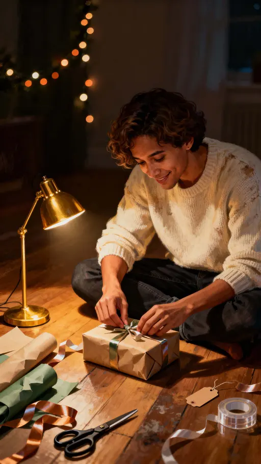 Parent Wrapping Gifts, Intimate Nighttime Scene