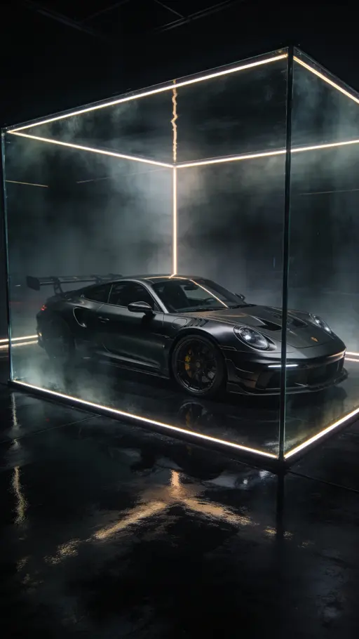 Performance car in smoked cube