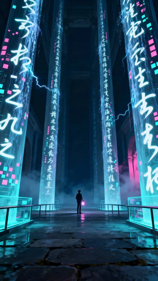 Person amid holographic text pillars